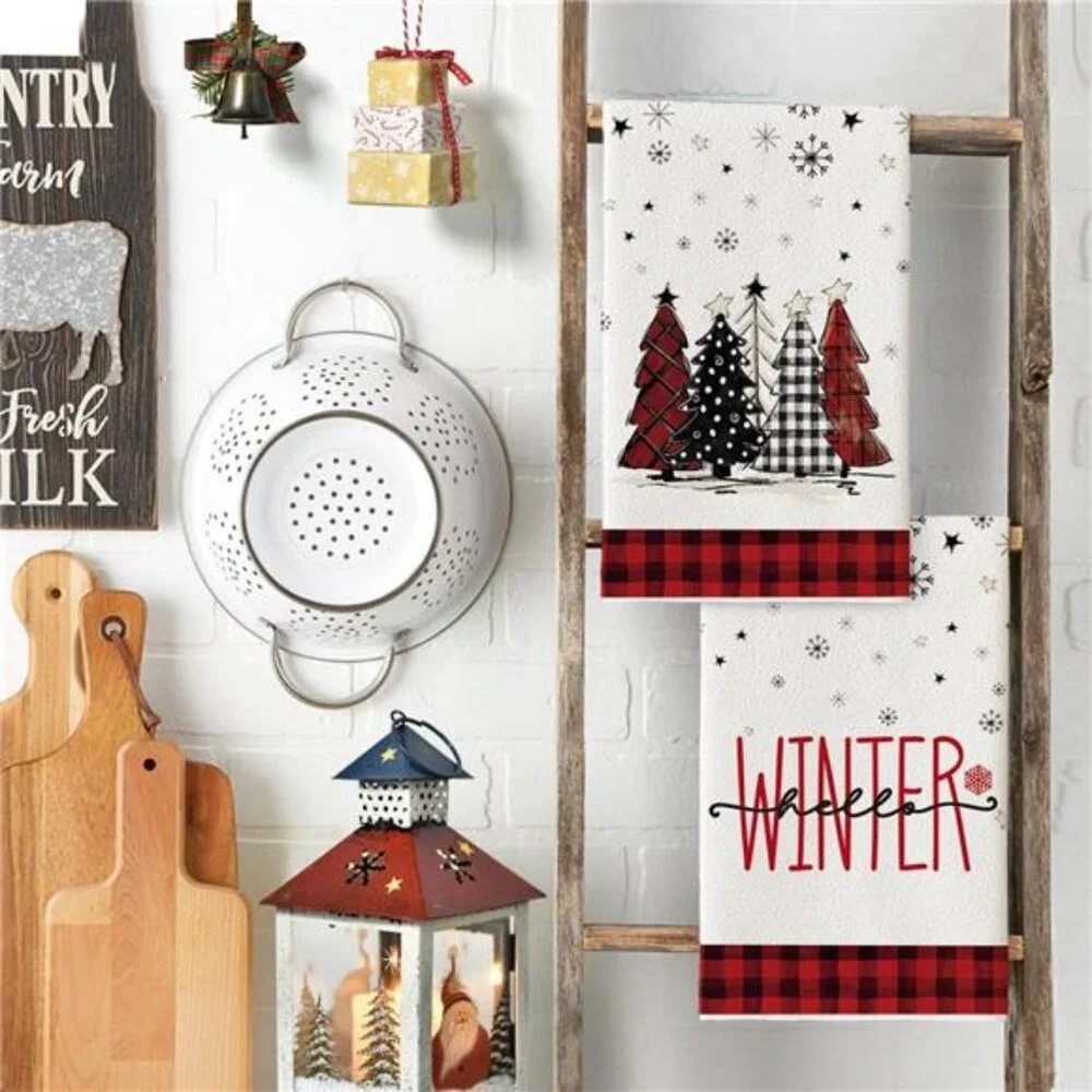 Red Black Plaid Snowman Xmas Trees Christmas Kitchen Towels